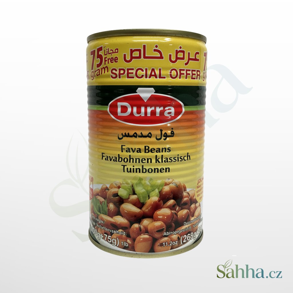 Konzervované fava fazole (Ful medames) Durra, výhodné balení 400 g + 75 g zdarma, tradiční pokrm k přímé konzumaci.