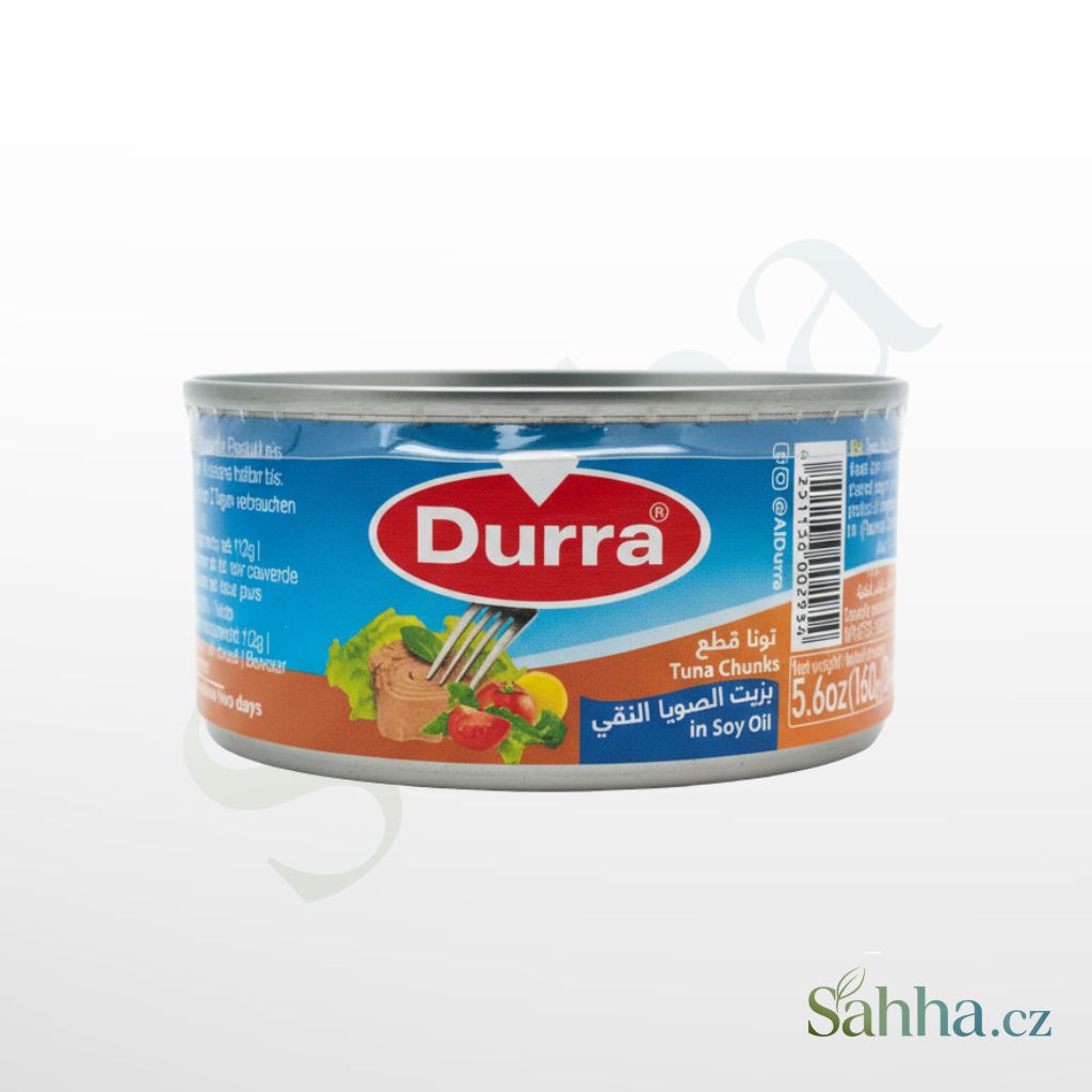 Tuňák kousky v sójovém oleji Durra, 160g konzerva, vhodný do salátů i teplých pokrmů.