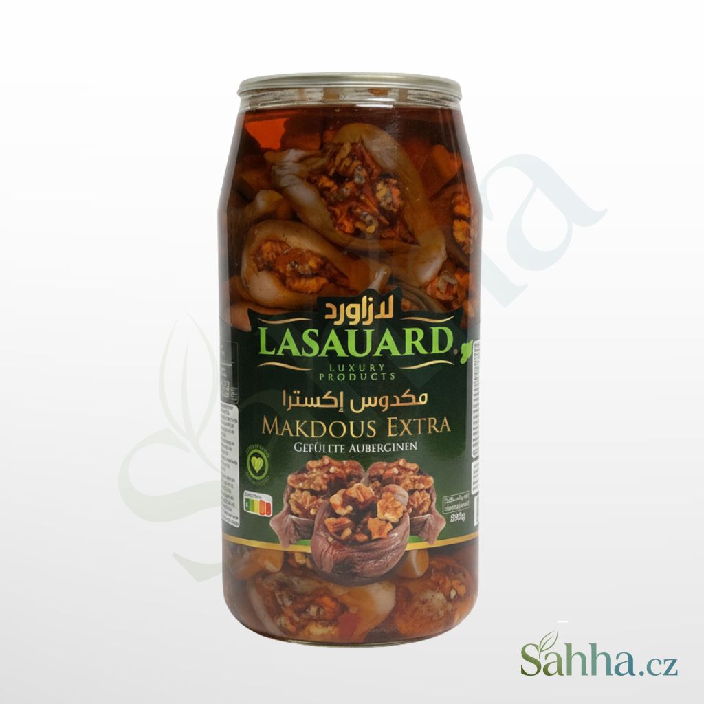 Makdous Extra Lasauard, plněné lilky v oleji s vlašskými ořechy, 2650g velká sklenice.