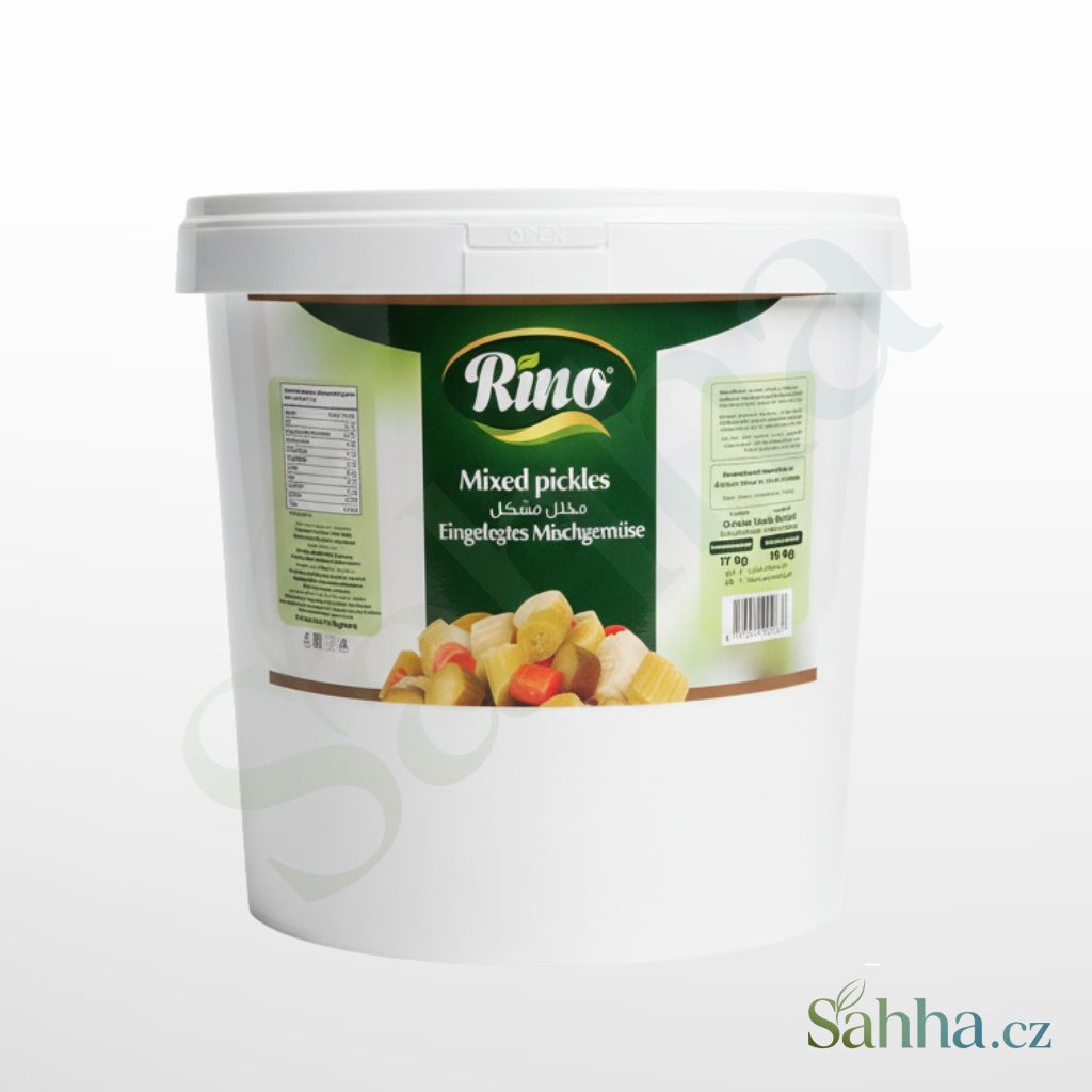Nakládaná zeleninová směs (Mixed pickles) Rino, gastro balení 17 kg ve velkém plastovém kyblíku.