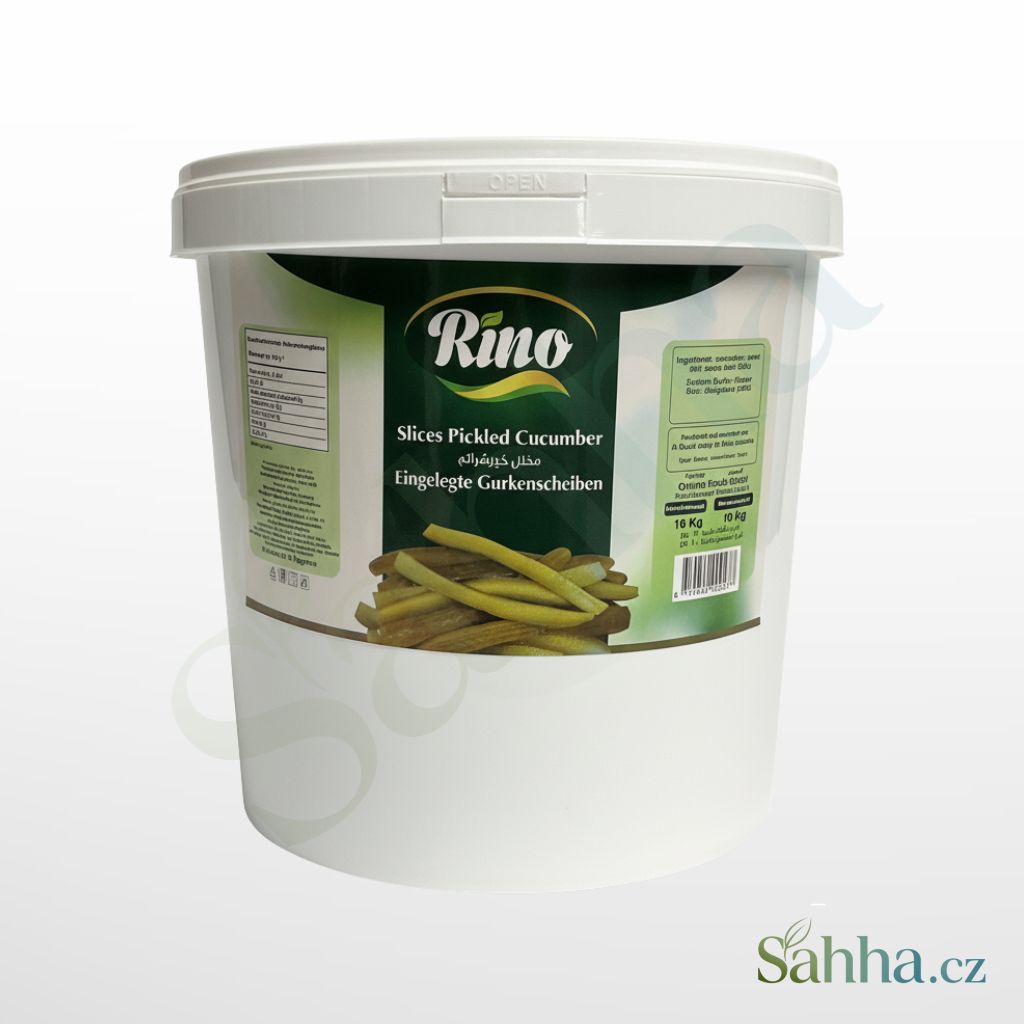 Nakládané okurky plátky Rino, gastro balení 16 kg (10 kg pevný podíl) v plastovém kyblíku.