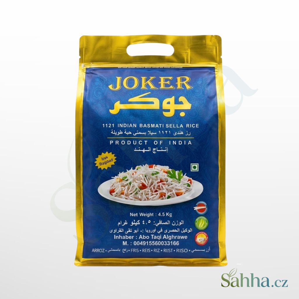 Joker indická basmati rýže Sella 4,5 kg – dlouhozrnná parboiled basmati rýže na biryani a orientální recepty | جوكر أرز بسمتي هندي سيلا 4.5كغ – أرز طويل الحبة للبرياني والأطباق الشرقية