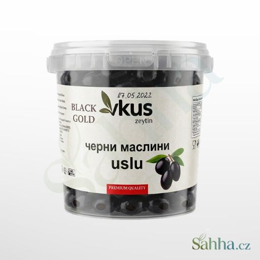 Černé olivy Kalamata VKUS v rostlinném oleji, 1000g balení v plastovém kyblíku.