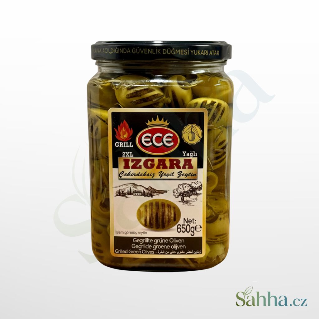 grilované zelené olivy bez pecek 650 g ECE s česnekem a kořením arabské a orientální potraviny