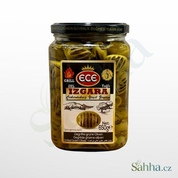 grilované zelené olivy bez pecek 650 g ECE s česnekem a kořením arabské a orientální potraviny