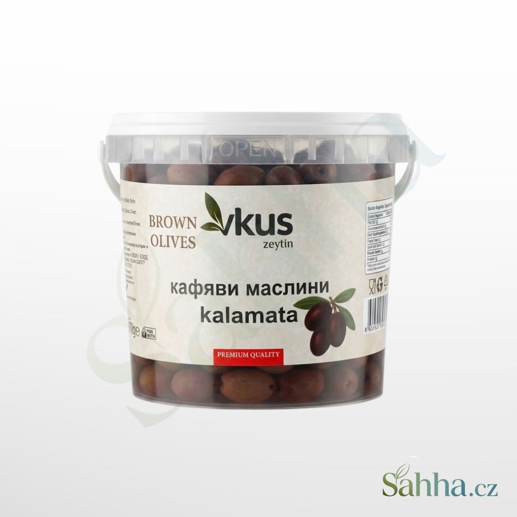 Černé olivy Kalamata VKUS v rostlinném oleji, 1000g balení v plastovém kyblíku.
