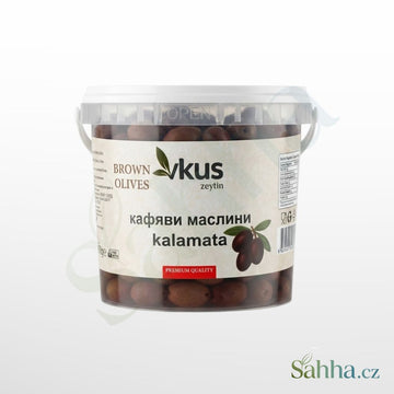 Černé olivy Kalamata VKUS v rostlinném oleji, 1000g balení v plastovém kyblíku.