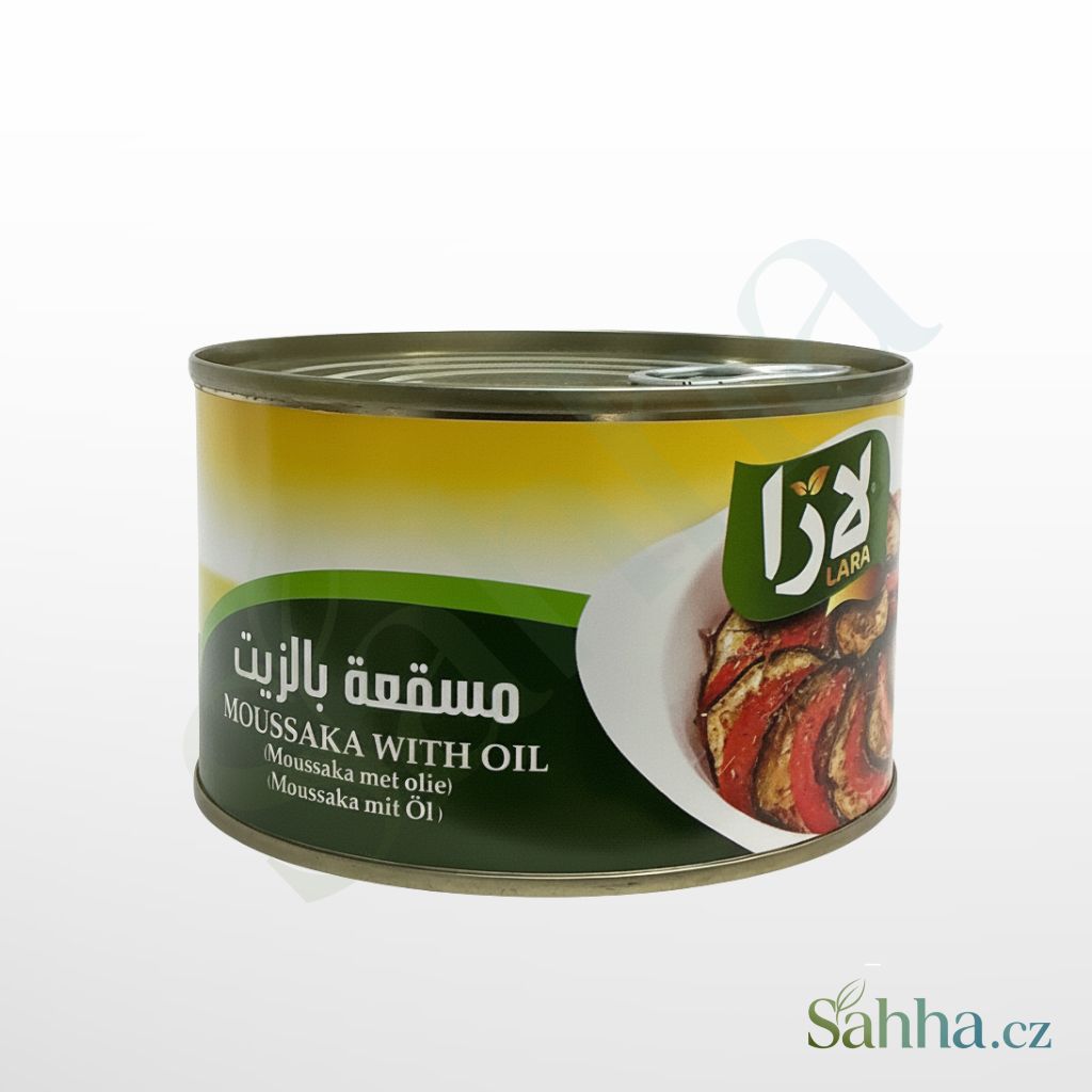 Musaka se zeleninou v oleji Lara (lilek, rajčata, cibule), 400g konzerva, hotový pokrm k okamžité konzumaci.