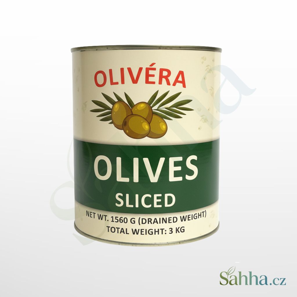 Krájené zelené olivy Olivéra ve slaném nálevu, gastro balení 3 kg v plechovce.