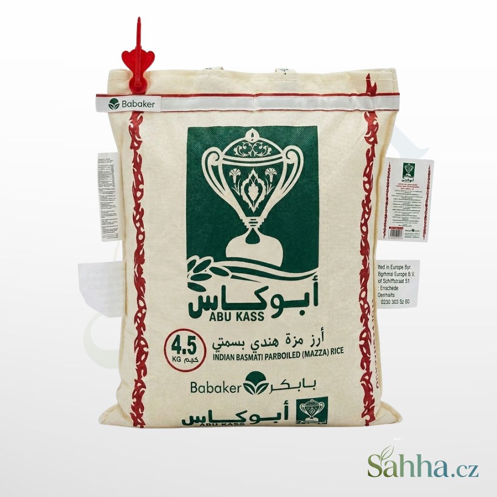 Abu Kass rýže basmati 4,5 kg – dlouhá bílá zrna prémiové basmati rýže zblízka | أبو كاس أرز بسمتي 4.5كغ – حبوب طويلة بيضاء فاخرة للمطبخ الشرقي
