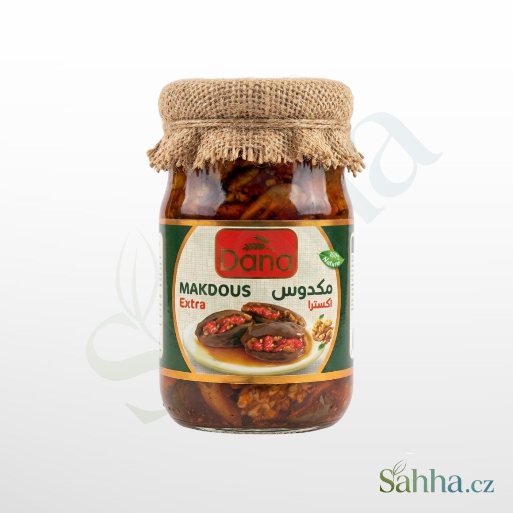 Dana makdous extra 600 g – nakládané lilky plněné vlašskými ořechy a paprikou na meze | دانا مكدوس إكسترا 600غ – باذنجان مخلل محشو بالجوز والفلفل للمقبلات والفطور
