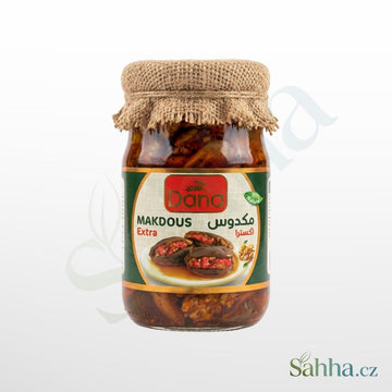 Dana makdous extra 600 g – nakládané lilky plněné vlašskými ořechy a paprikou na meze | دانا مكدوس إكسترا 600غ – باذنجان مخلل محشو بالجوز والفلفل للمقبلات والفطور
