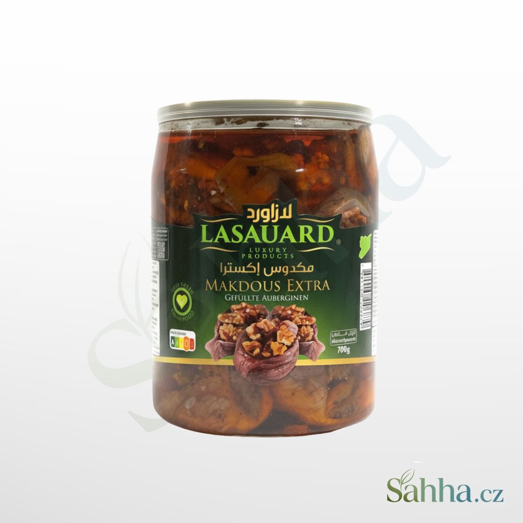 Makdous Extra Lasauard – malé plněné lilky v oleji s ořechy a paprikou, 700g sklenice.