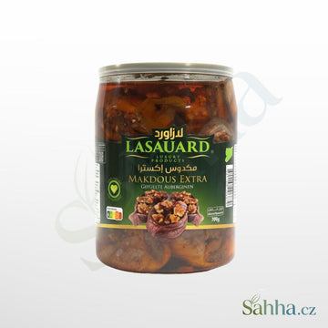 Makdous Extra Lasauard – malé plněné lilky v oleji s ořechy a paprikou, 700g sklenice.