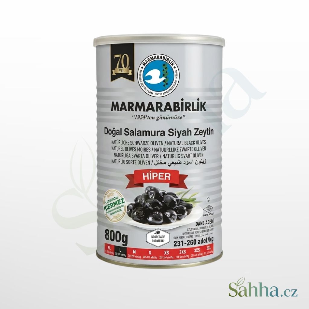Černé olivy Marmarabirlik Hiper ve slaném nálevu, 1400g plechovka.