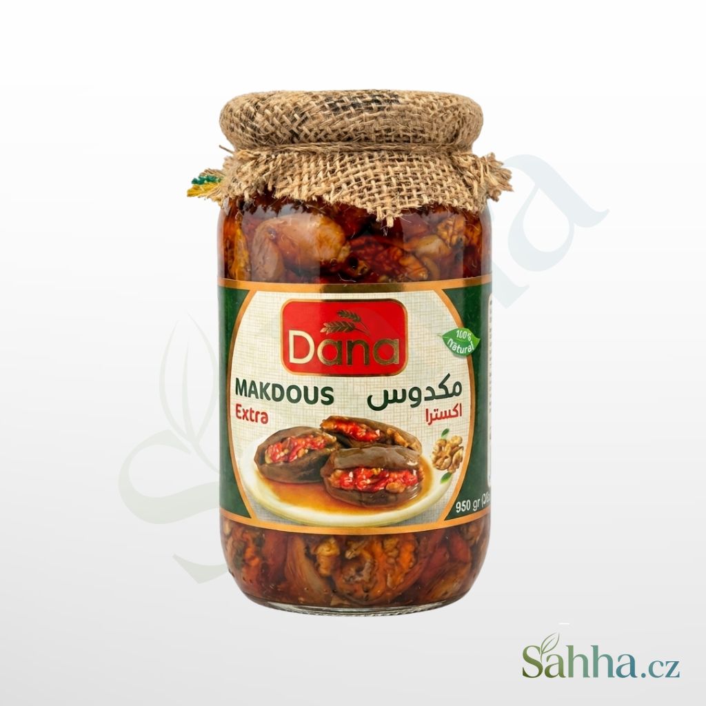 Dana makdous extra 950 g – nakládané lilky plněné vlašskými ořechy a paprikou velké balení | دانا مكدوس إكسترا 950غ – باذنجان مخلل محشو بالجوز والفلفل للمقبلات والفطور
