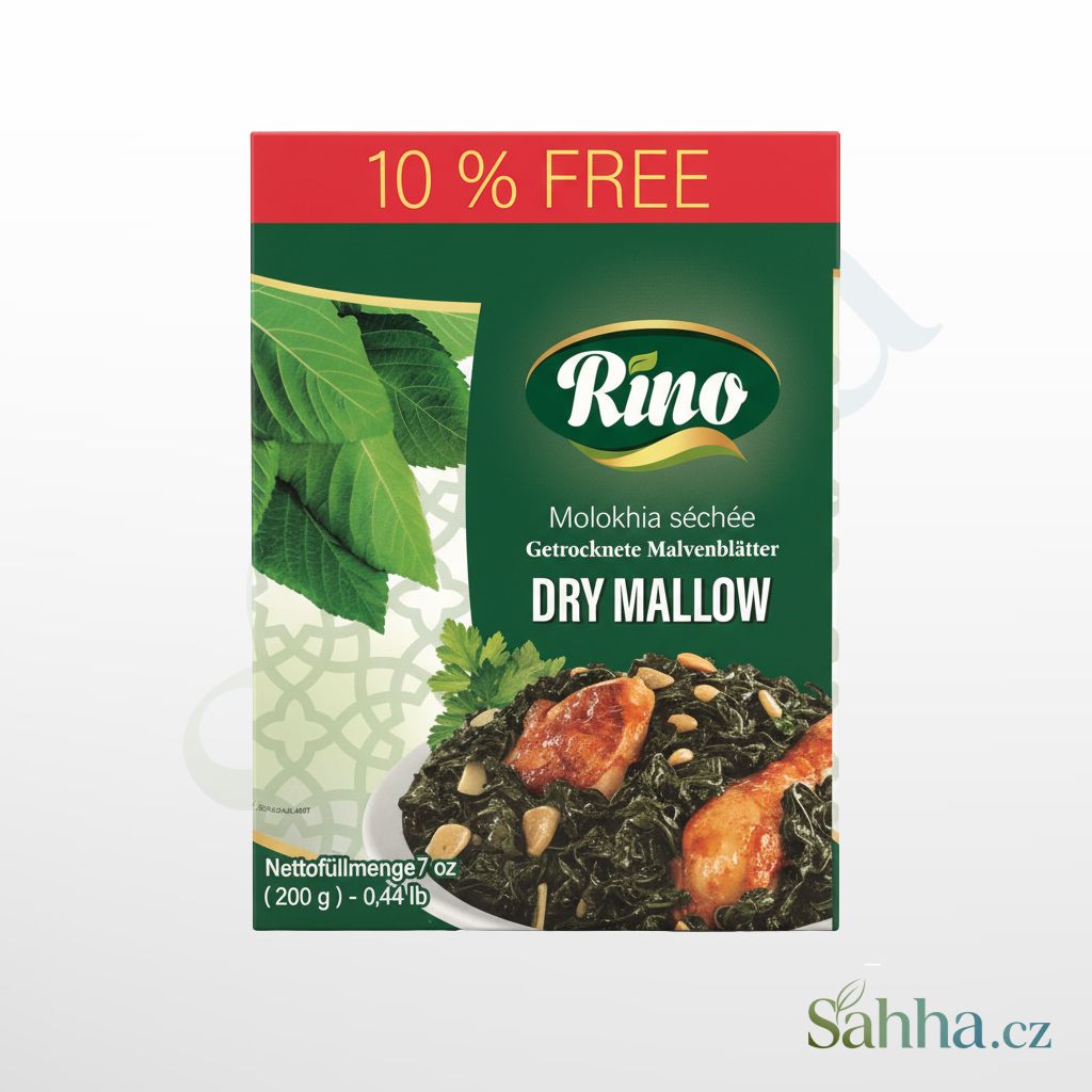 Sušená molokhia (Mallow) značky Rino, 200g balení tradičních listů pro orientální kuchyni.