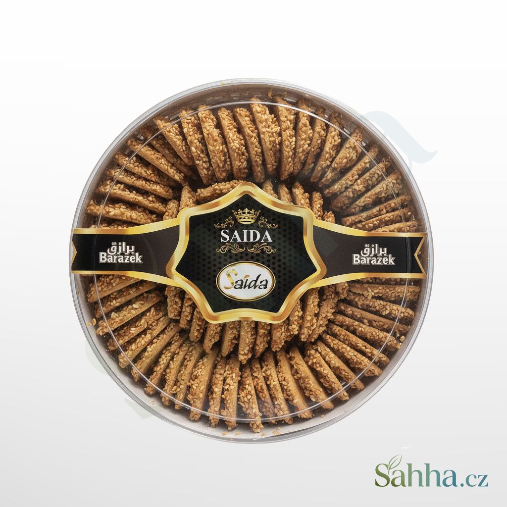 Tradiční orientální sezamové sušenky Barazek od značky Saida, 500g balení křehkého pečiva bohatě obaleného v sezamu.