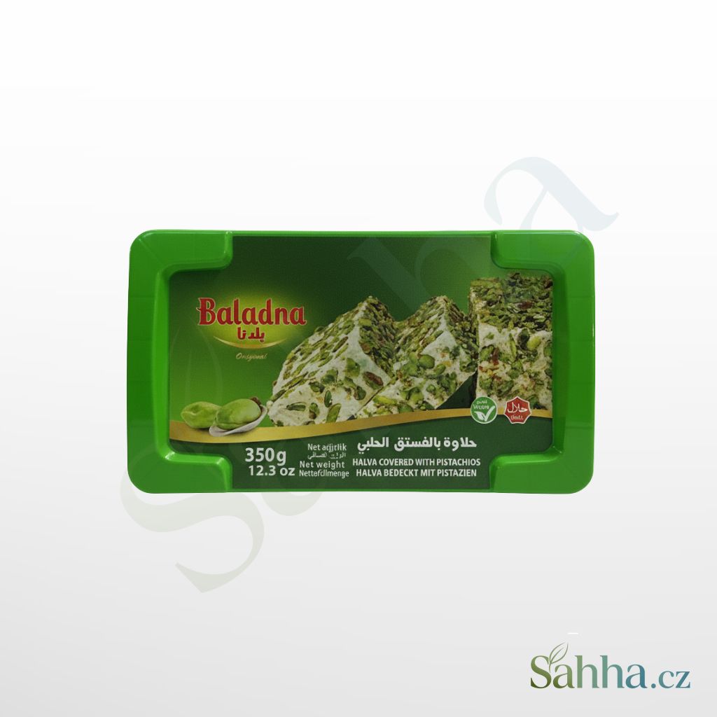 Tradiční sezamová halva bohatě sypaná pistáciemi Baladna, 350g rodinné balení v plastové krabičce.