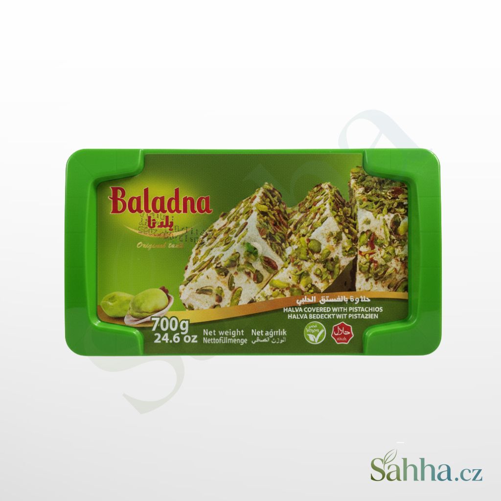 Tradiční sezamová halva bohatě sypaná pistáciemi Baladna, 700g rodinné balení v plastové krabičce.