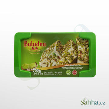 Tradiční sezamová halva bohatě sypaná pistáciemi Baladna, 700g rodinné balení v plastové krabičce.