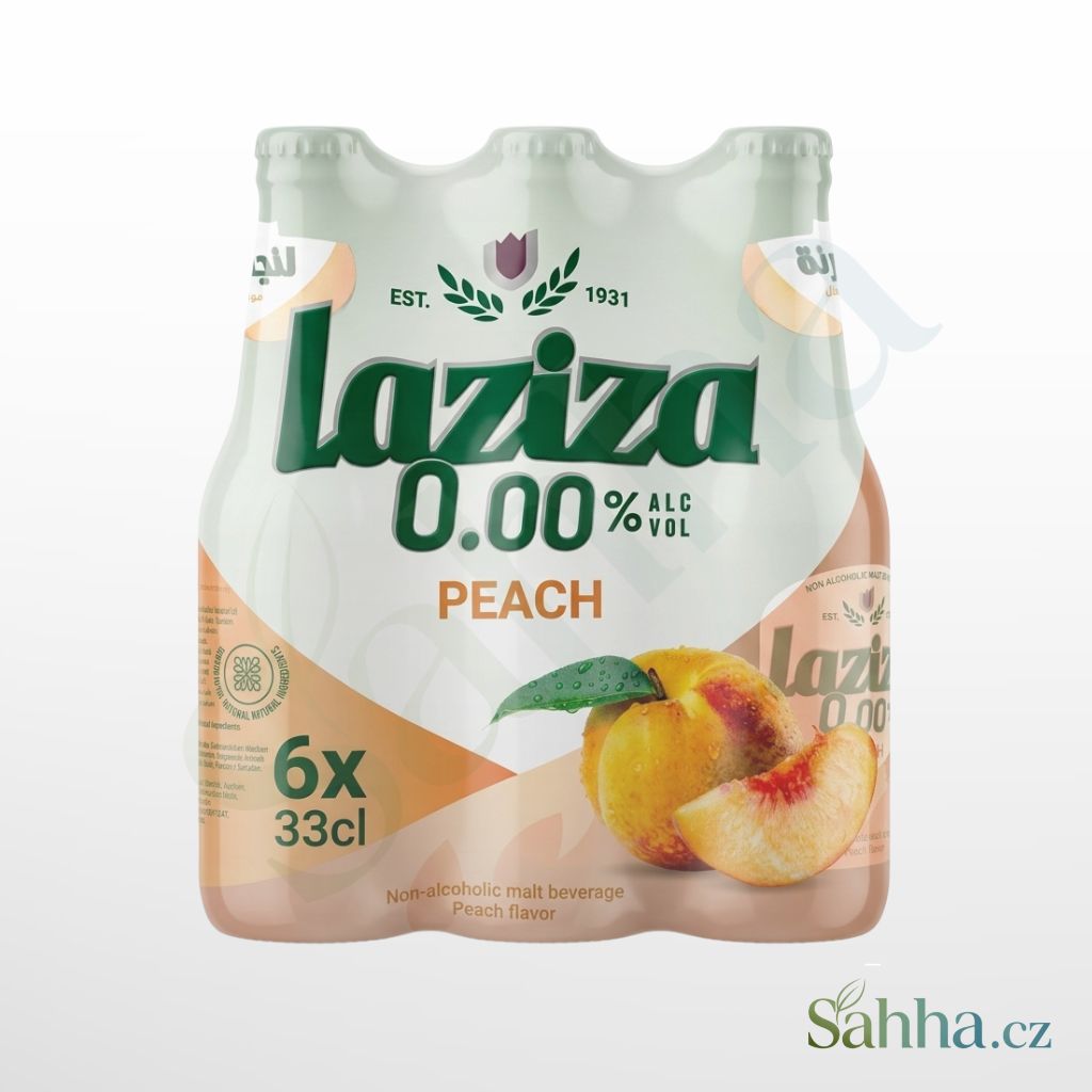 Nealkoholický sladový nápoj Laziza s broskvovou příchutí, balení 6 × 330 ml