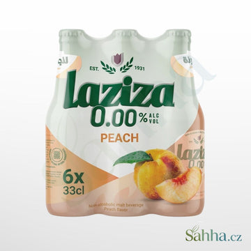 Nealkoholický sladový nápoj Laziza s broskvovou příchutí, balení 6 × 330 ml
