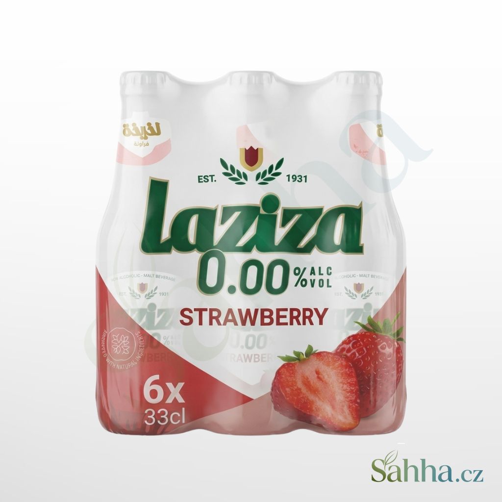 Nealkoholický sladový nápoj Laziza s jahodovou příchutí, balení 6 × 330 ml