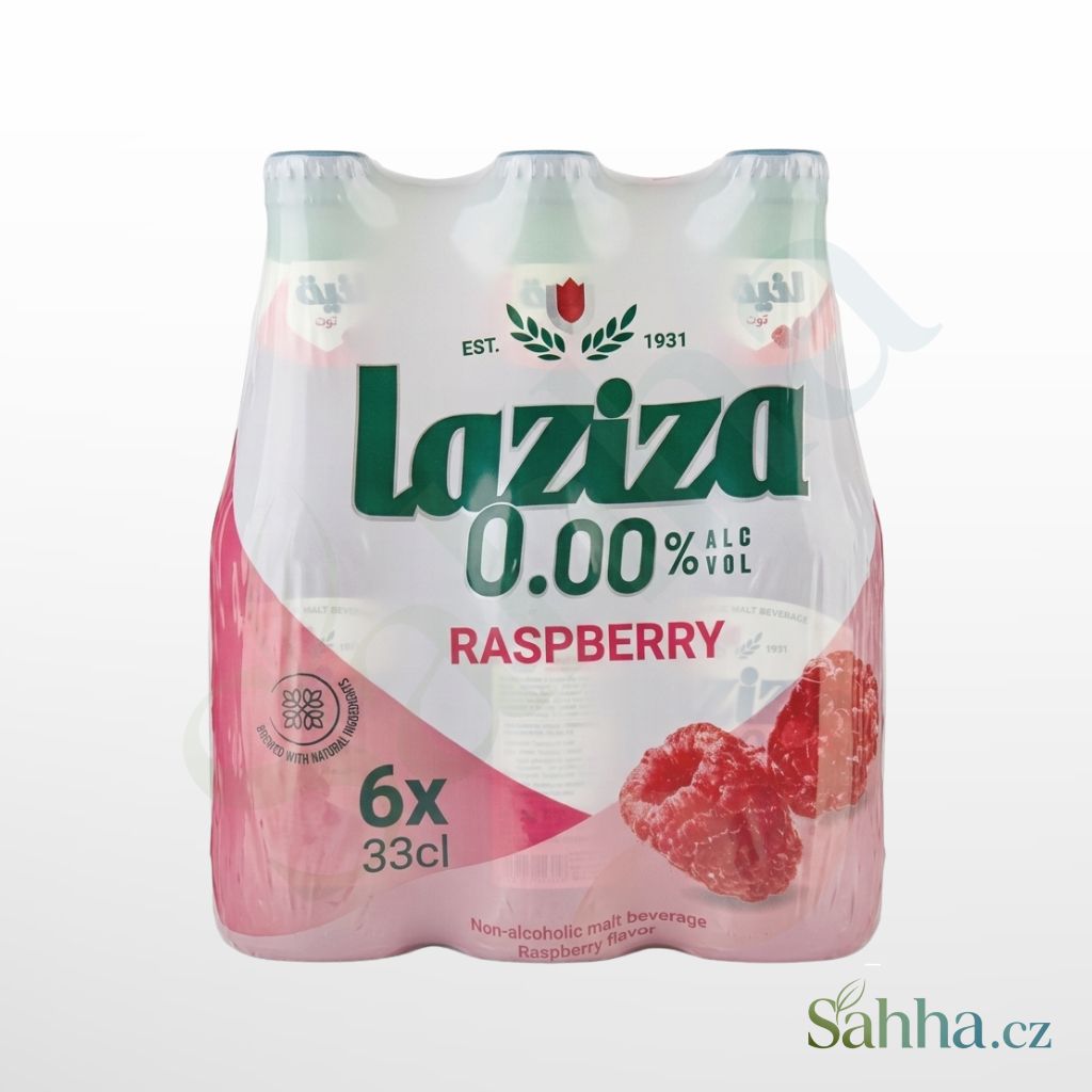 Nealkoholický sladový nápoj Laziza s malinovou příchutí, balení 6 × 330 ml