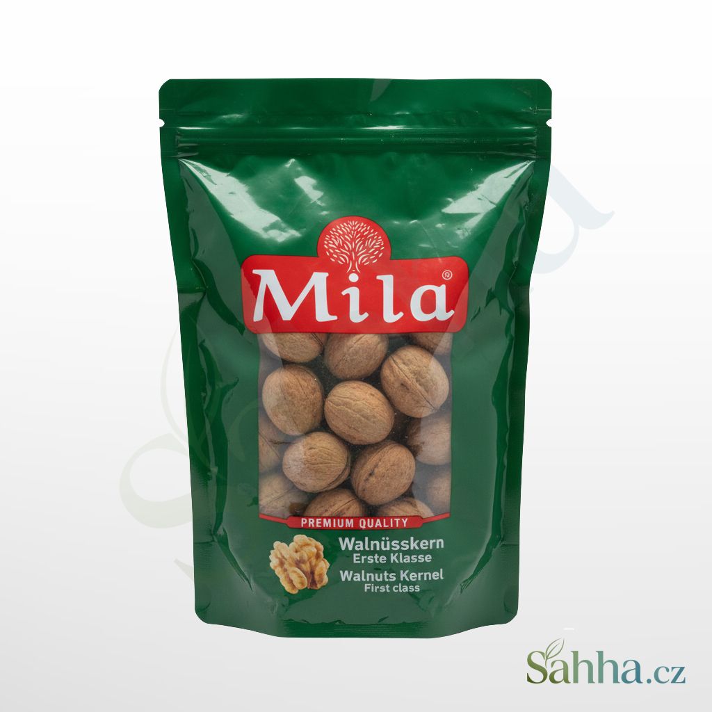 Celé vlašské ořechy ve skořápce prémiové kvality značky Mila, 1kg balení v uzavíratelném sáčku.