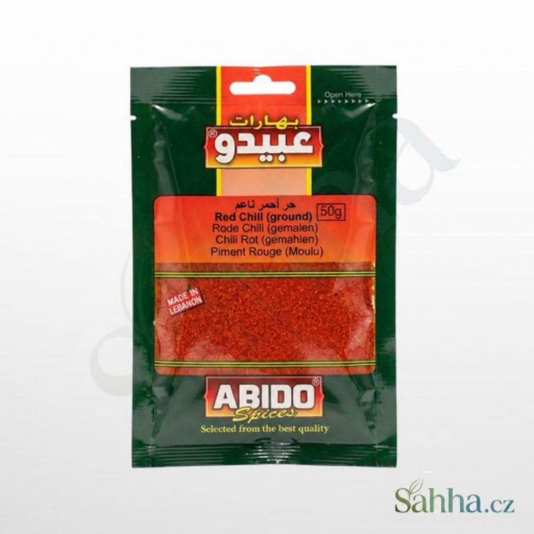 Sahha.cz ABIDO ground red chili pepper spice in a 50g green and orange packet from Lebanon