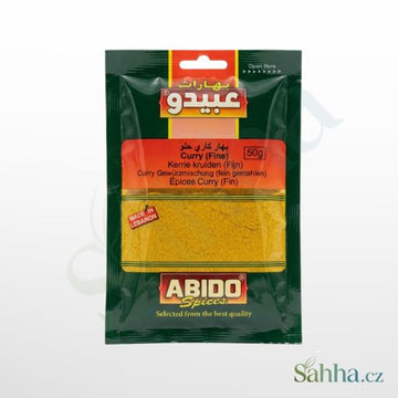 Sahha.cz ABIDO hot curry spice blend in a 50g green packet with yellow curry powder visible through the window